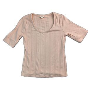 a.n.a. Elbow-Sleeve Scoop Neck Baby Rib-Knit Top Peach Women's Large